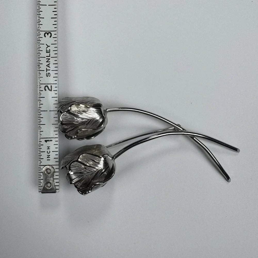 Vintage Giovanni Signed '60s Brushed Silver Tone Stemmed Roses Flower Brooch Pin